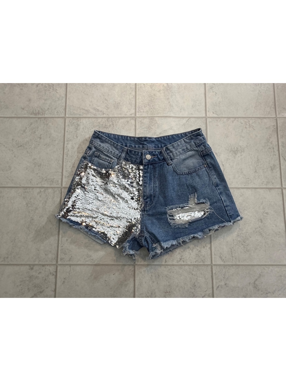 Shein denim shorts with silver sequin panel